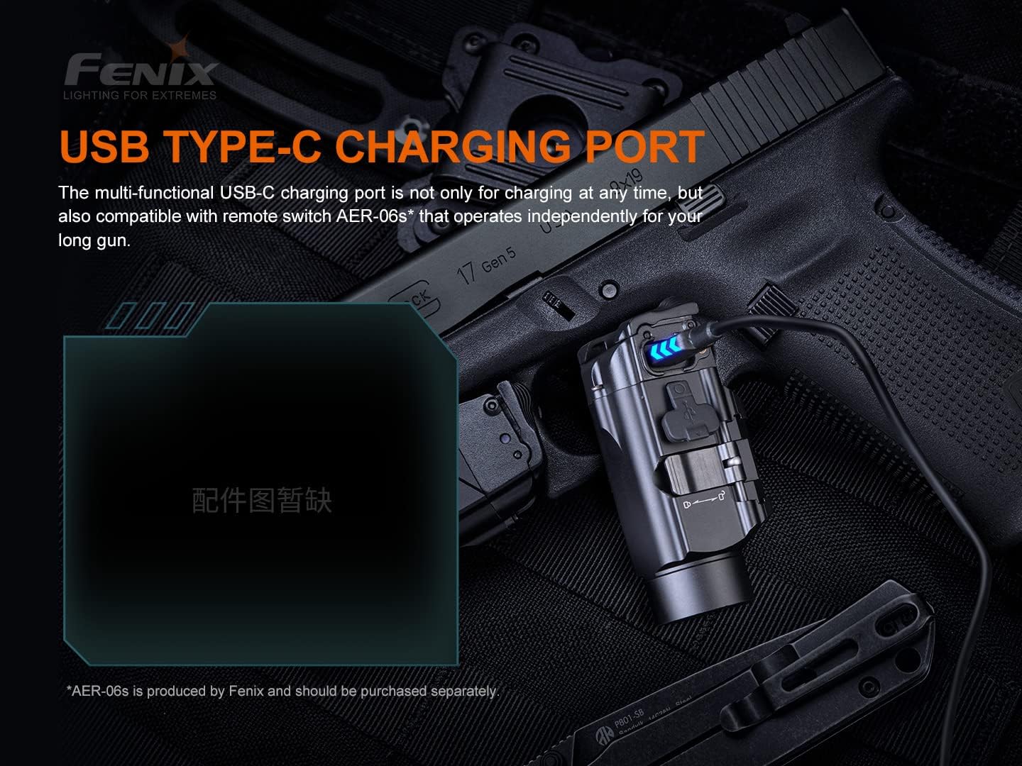 FENIX GL19R flashlight connected to a USB Type-C charging cable, showing the charging port on the side.