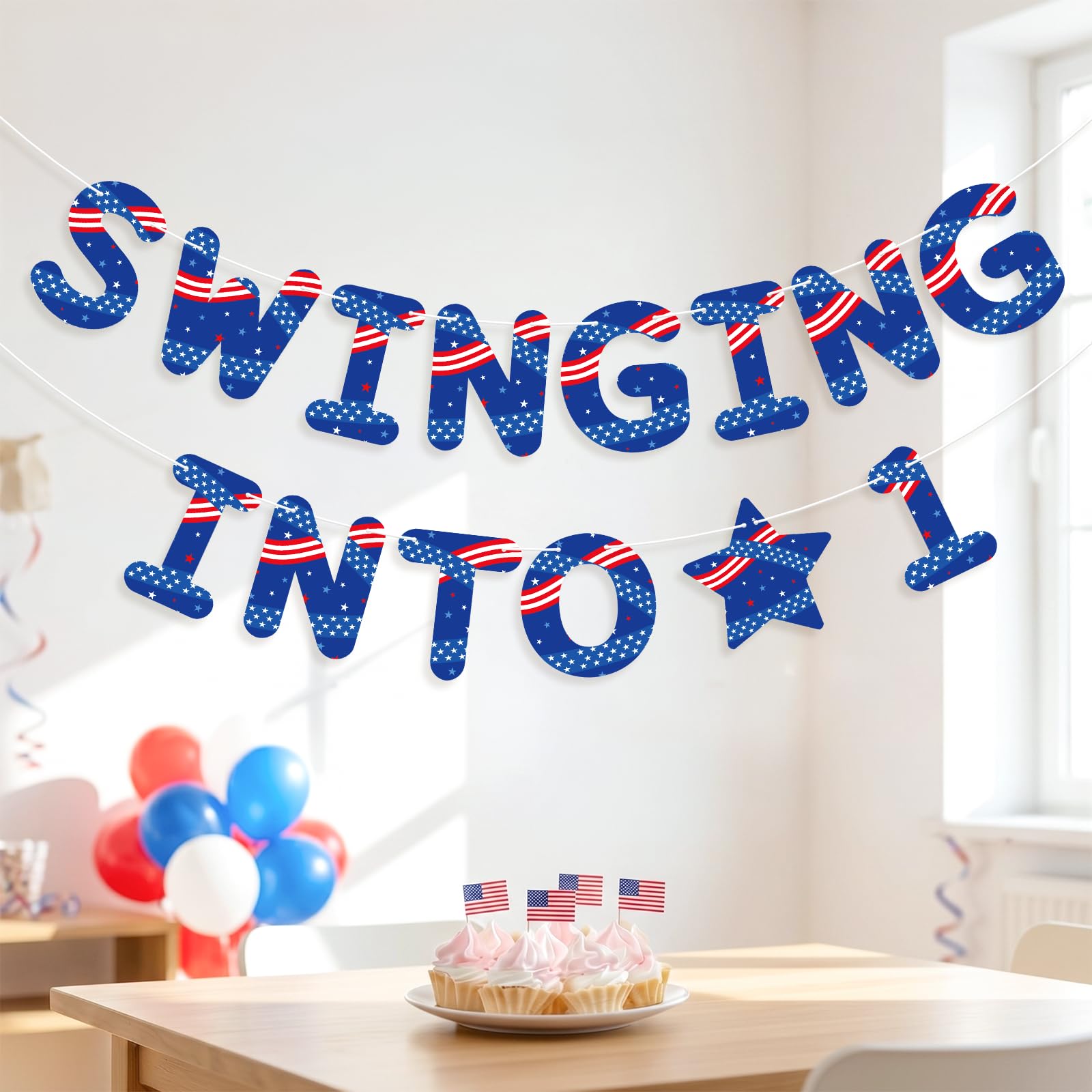 Patriotic Theme 1st Birthday Banner, Pre-Strung Hanging Swinging Into 1 Party Decorations Banners for Boys Girls Indoor Outdoor Celebration Supplies — image 1