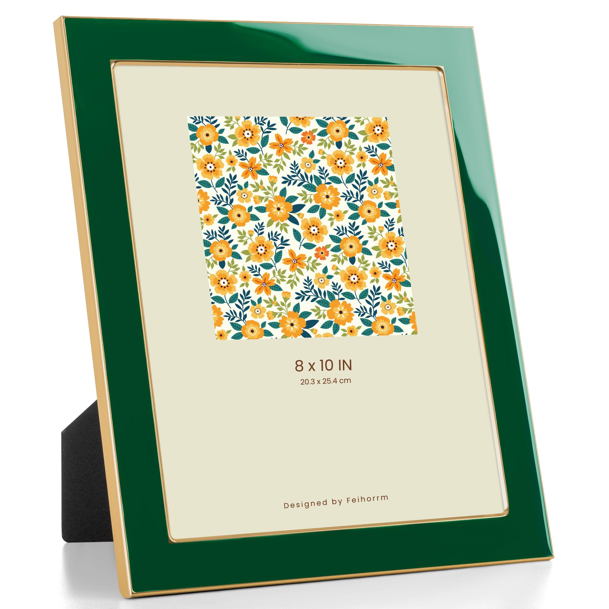 Feihorrm 8x10 Photo Frame, Green Enamel Frame with Gold Metal Edge, HD Tempered Glass Picture Frame, Vertical & Horizontal Display, Tabletop & Wall Mount Decor — image 1