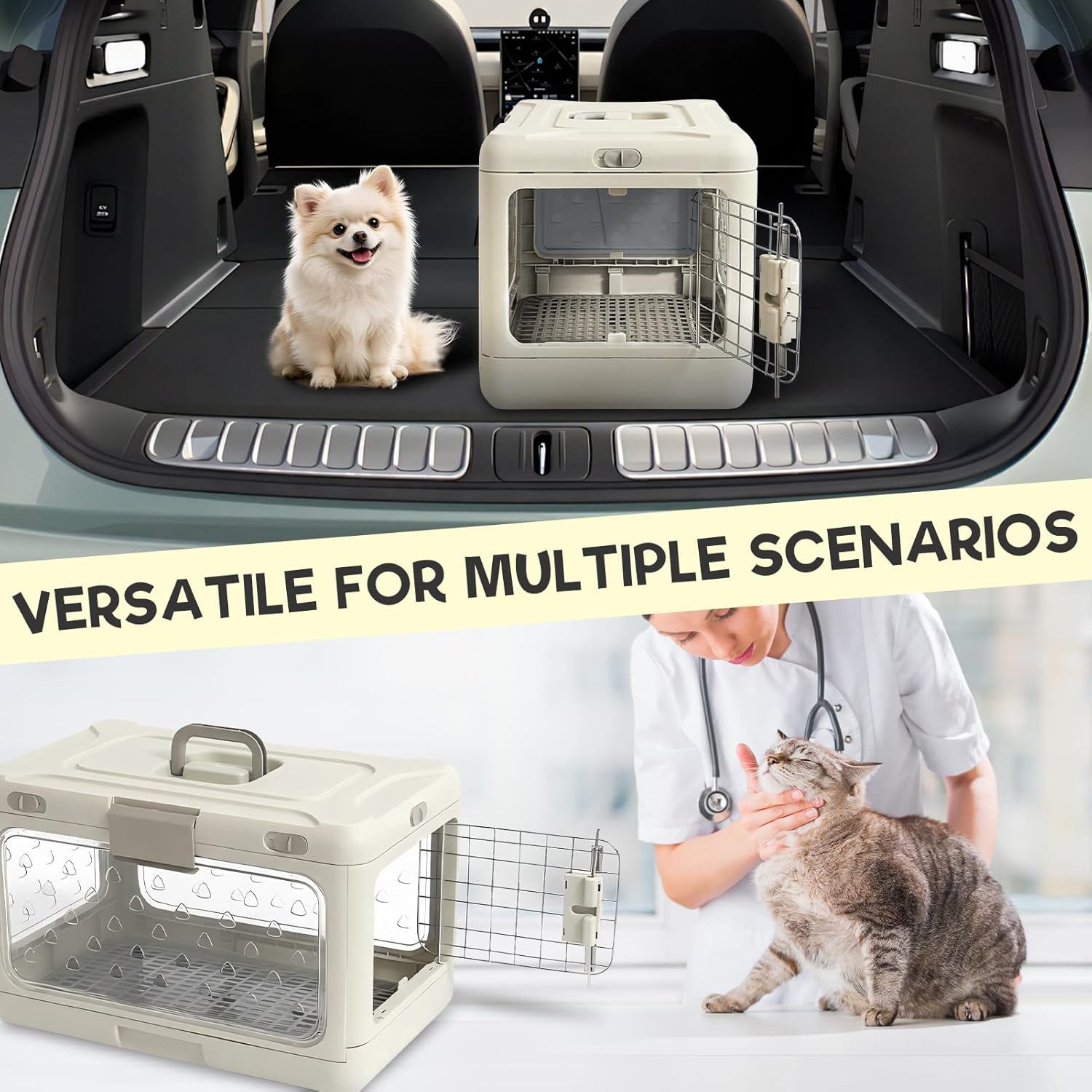 Hard Cat Carrier,Dog Crate for Small Dogs,Cat Kennel Clear,Foldable Dog Kennel with Urine Pad Mesh Grid,Ventilation & Hard Plastic Protection Transparent Pet Carrier 20" L,White