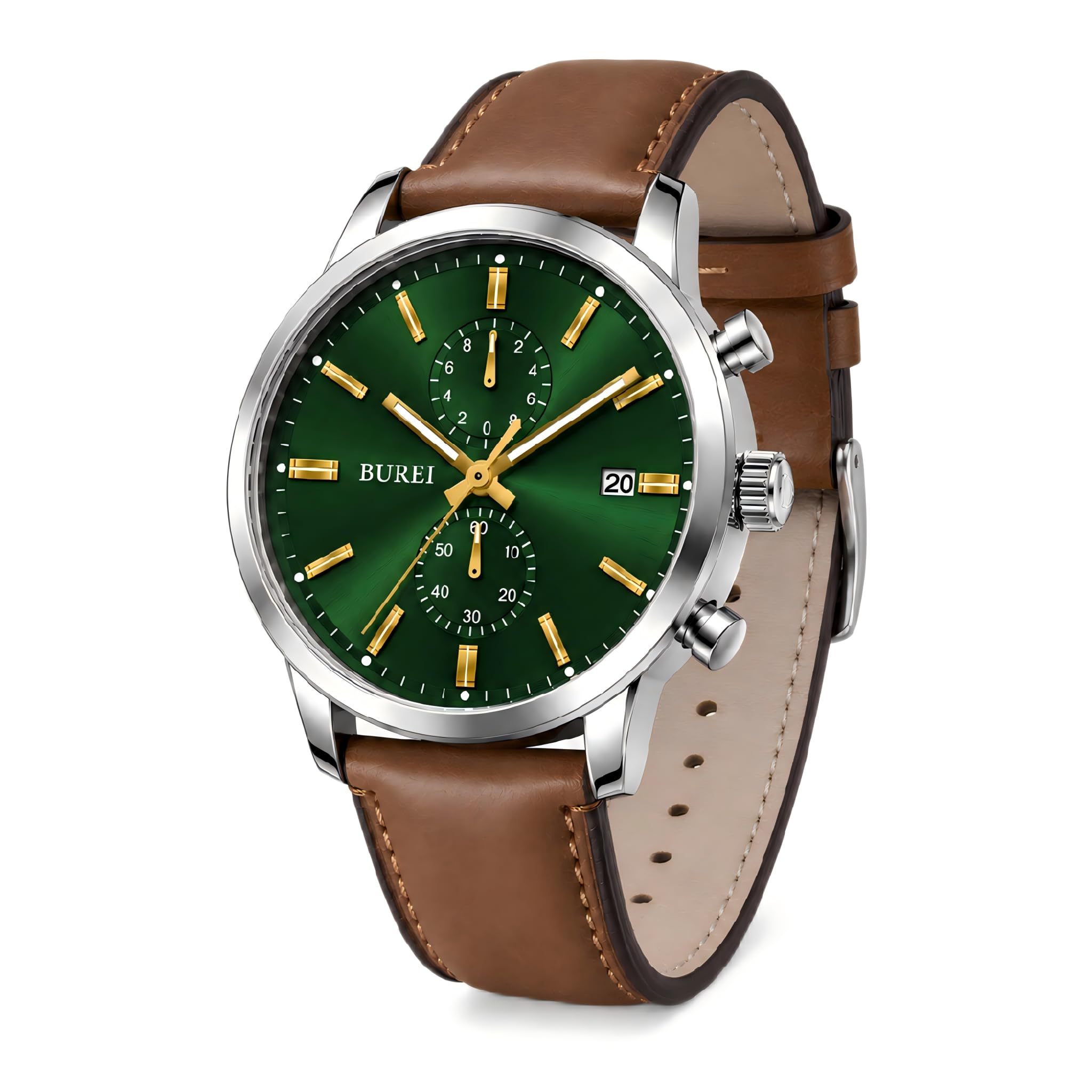 BUREI Orologio da polso da uomo in pelle, cronografo, al quarzo, classico, leggero, regalo per papà, marito, fidanzato