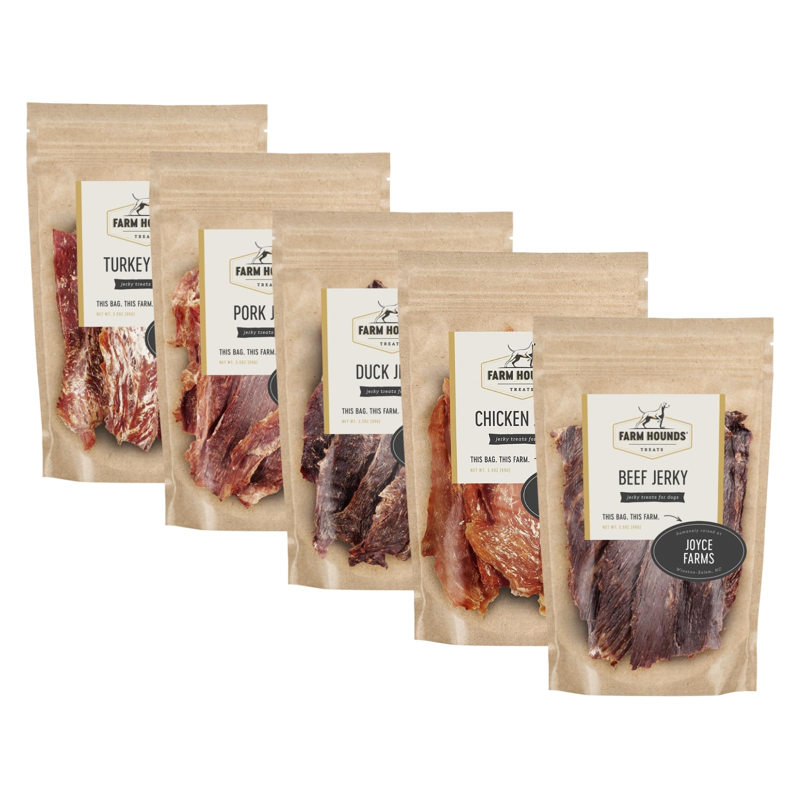 Farm Hounds - Dog Jerky Bundle - Premium Natural Jerky for Dogs - 100% Humanely Raised - Break-to-Size - No Added Fillers - Made in USA - 5 Pack