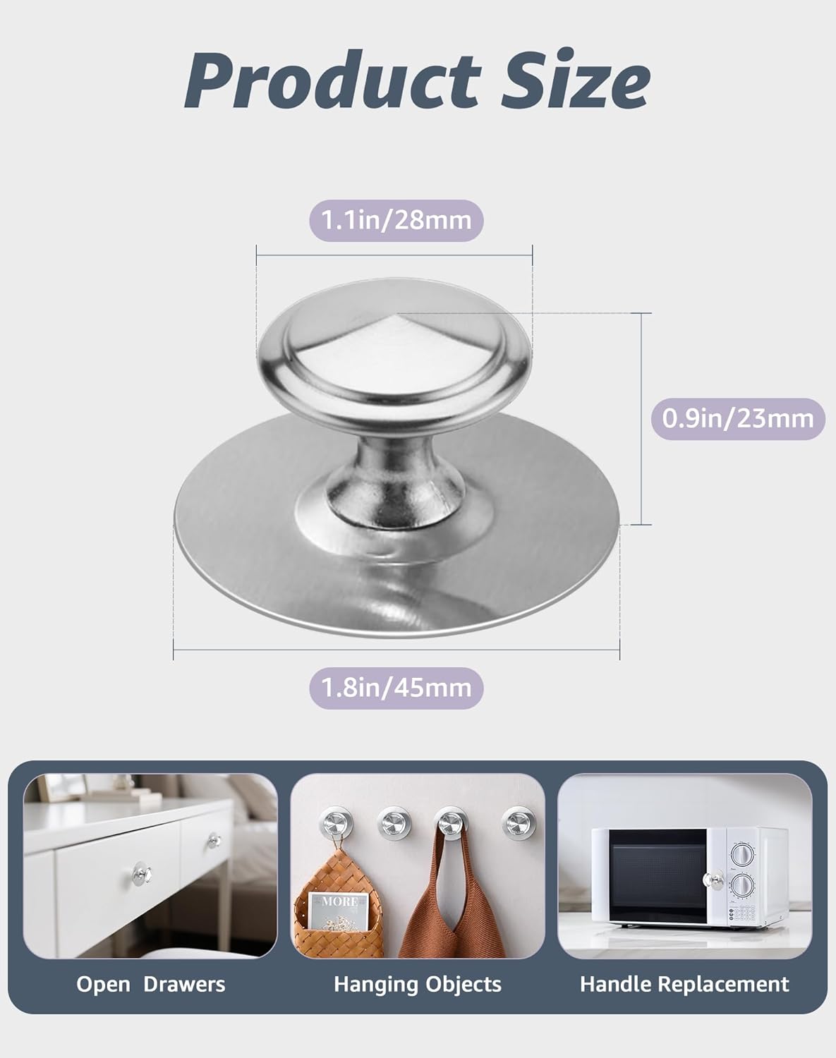 4 Pack Adhesive Cabinet Knobs Silver Stick on Drawer Pulls Stainless Steel Peel and Stick Handles Screwless Cabinet Knobs Sticky Knobs for Closet Dresser Glass Mirror Door
