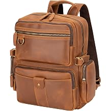Leather Backpack for Men 15.6" Laptop Backpack 100% Madagascar top-Grain Leather Backpack Light Brown Large Size