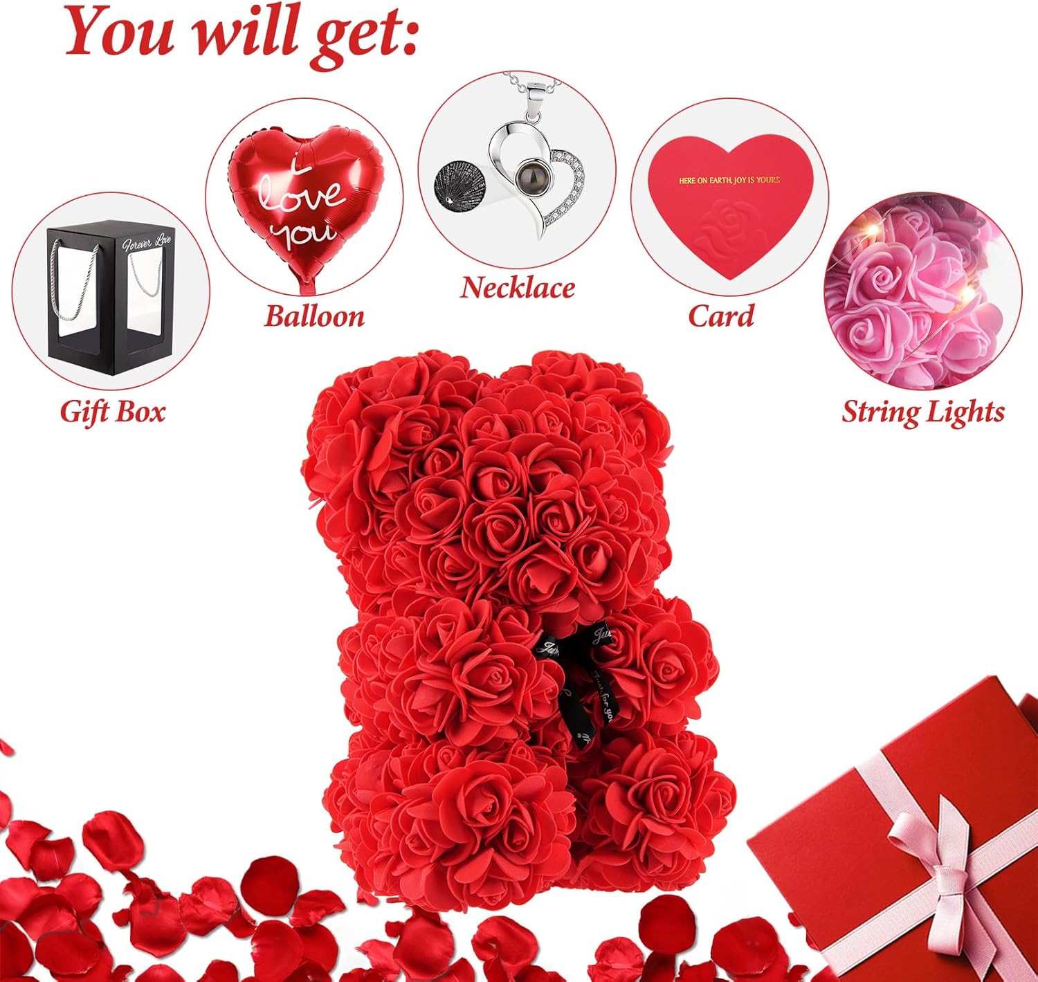MACTING Rose Bear for Valentines Day Gifts 10 Inch Red Flower Teddy Bear with Lights Box I Love You Necklace Card Balloon Birthday Mothers Day for Girlfriend Mom Wife Women - Image 4