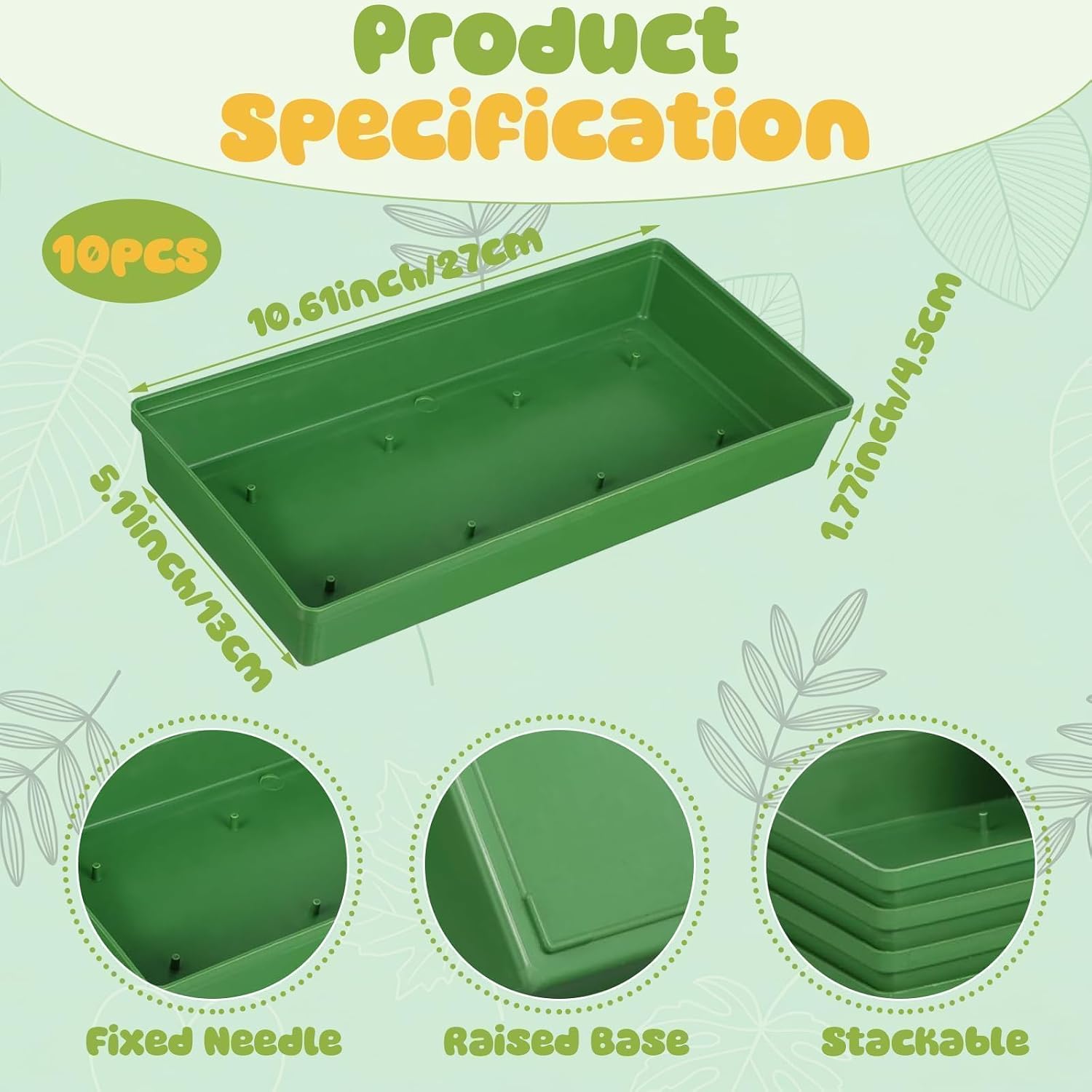 10PCS Large Floral Foam Trays for Flower Arrangements,10.6inch Green Flower Base with Pins for Table,Plastic Floweres Holder Rectangle Floweres Plates for Weddings,Reusable Floral Base for Centerpiece