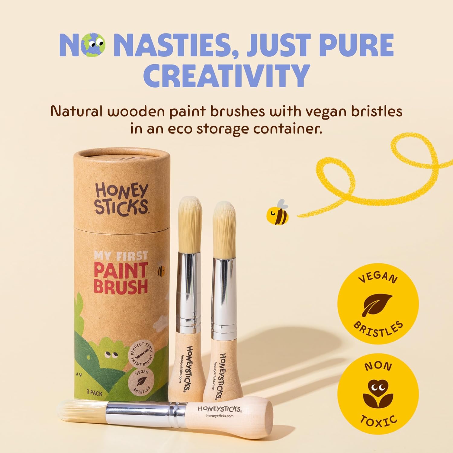 Honeysticks My First Paint Brush Set - 3 Pack: Ideal for Babies and Toddlers. Jumbo Brushes with Chubby Wood Handles for Easy Grip, Vegan. Includes Handy Storage Container
