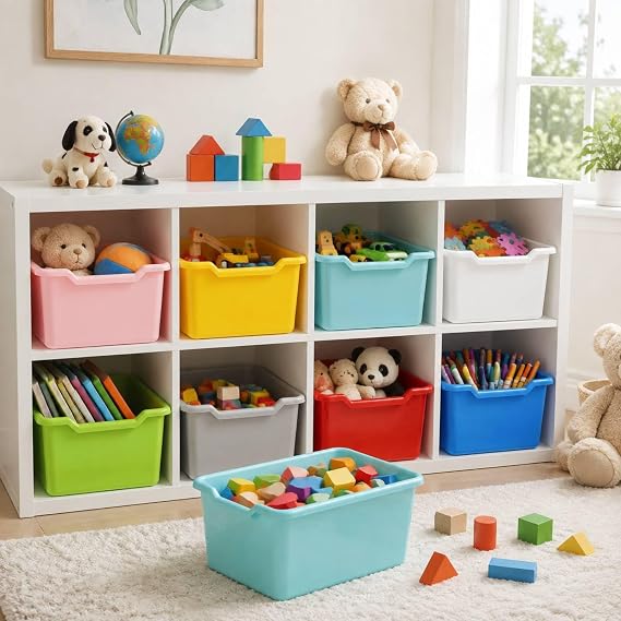 WUWEOT 16 Pack Cubby Bins Classroom Toys Bins, Plastic Books Storage Bins, Easy-to-Grip Stackable Crafts Organizer for Classroom, Nursery, Playrooms And Home Organization