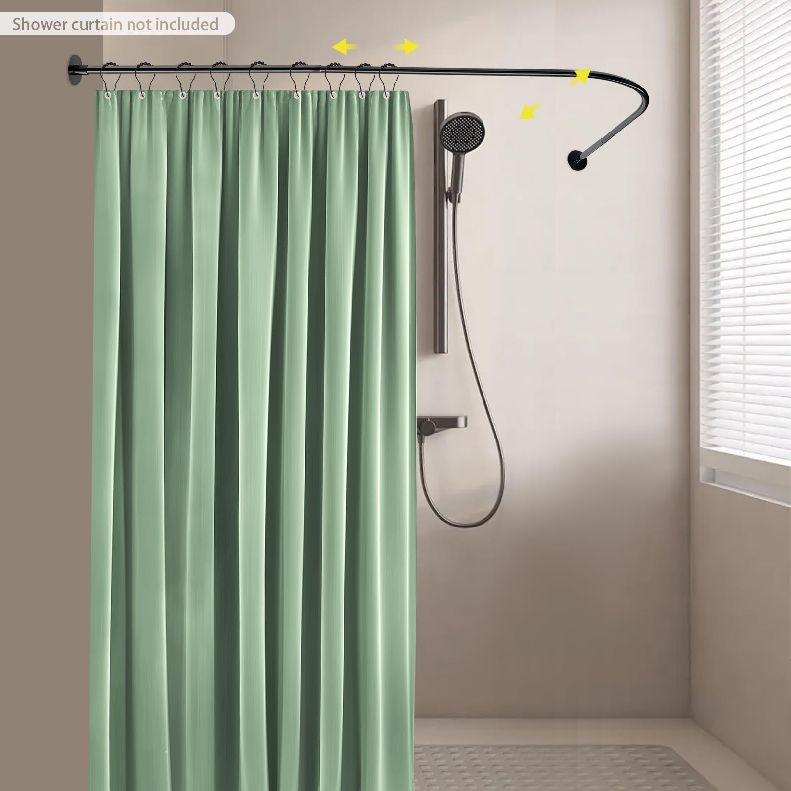 Barra de cortina de ducha angular L, barra de cortina de ducha extensible negra, barra de acero inoxidable para cuarto de baño, sin taladrar, soporte de pared o adhesivo, instalación fácil, ajustable