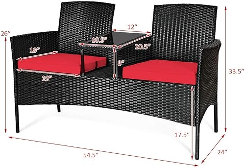 Miniatura 5 de HAPPYGRILL Sofá biplaza de mimbre de ratán con mesa de café, sofá de conversación al aire libre con cojines para jardín, césped, patio trasero,