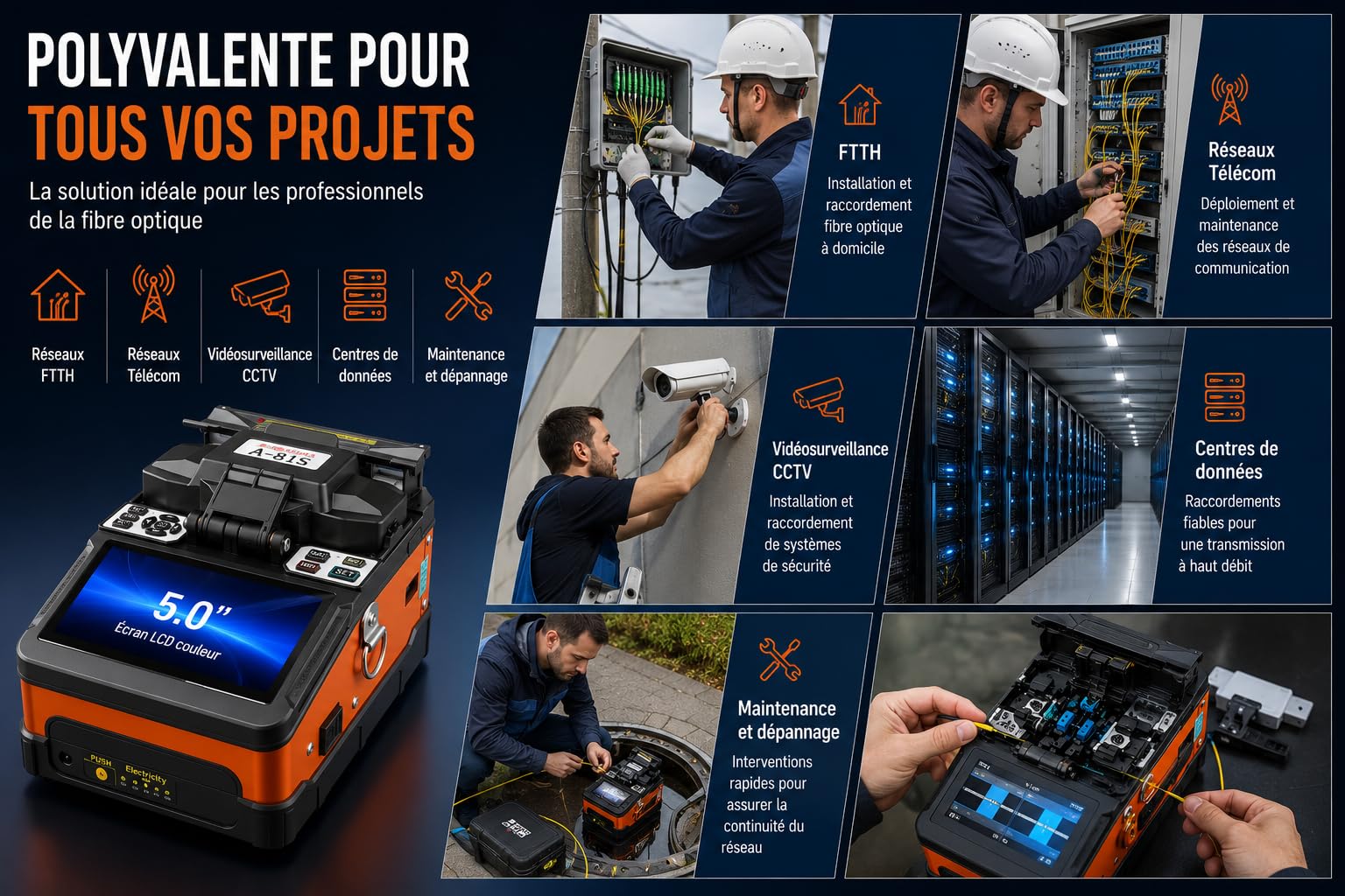 Soudeuse Fibre Optique FTTH 4 Moteurs – Alignement Cœur à Cœur – Écran Tactile 5 Pouces – Épissure 6s / Chauffage 15s – Compatible G652 G657 – Kit Complet