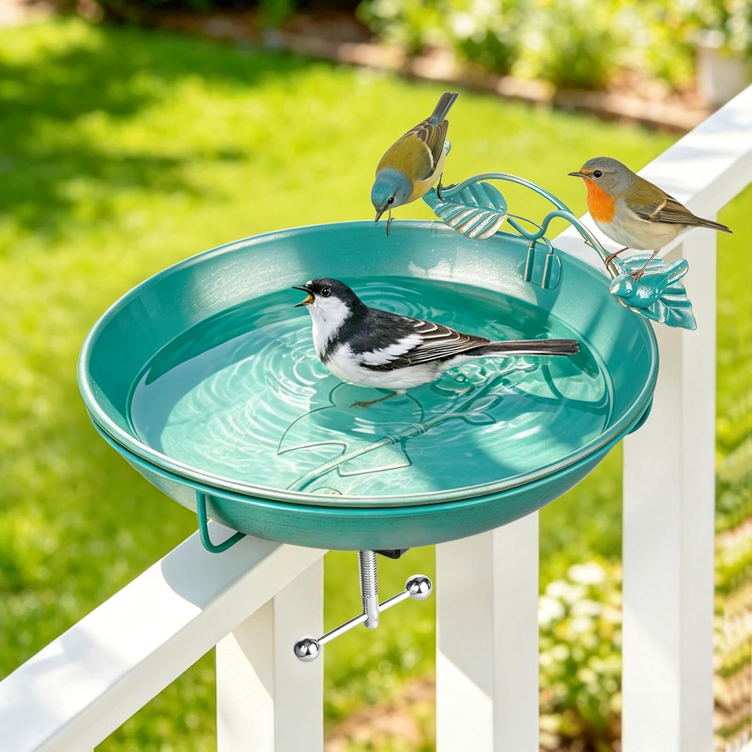 Mellbree Bird Bath Deck Mounted 12", Balcony Fence Railing Clamp Birdbath with Perch & Feeder Bowl Metal Lake Blue with Gold Gilding, Detachable Multi-Functional Balcony Railing Bird Bath