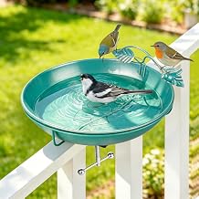 Mellbree Bird Bath Deck Mounted 12", Balcony Fence Railing Clamp Birdbath with Perch & Feeder Bowl Metal Lake Blue with Gold Gilding, Detachable Multi-Functional Balcony Railing Bird Bath