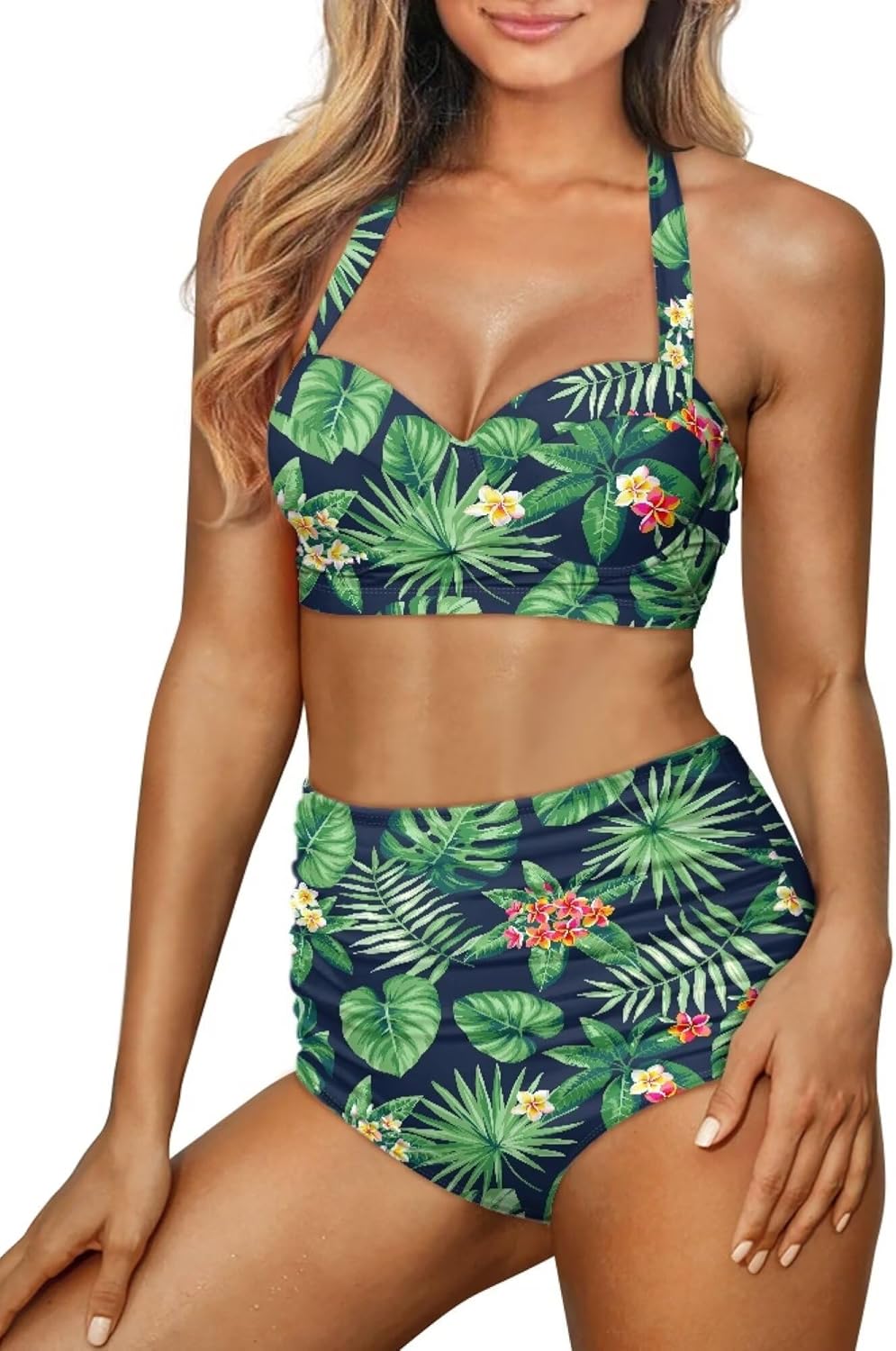 Hawaii Tropical Beach Women's Halter Bikini Set, Trendy 2 Piece Tummy Control High-Waisted Bathing Suits