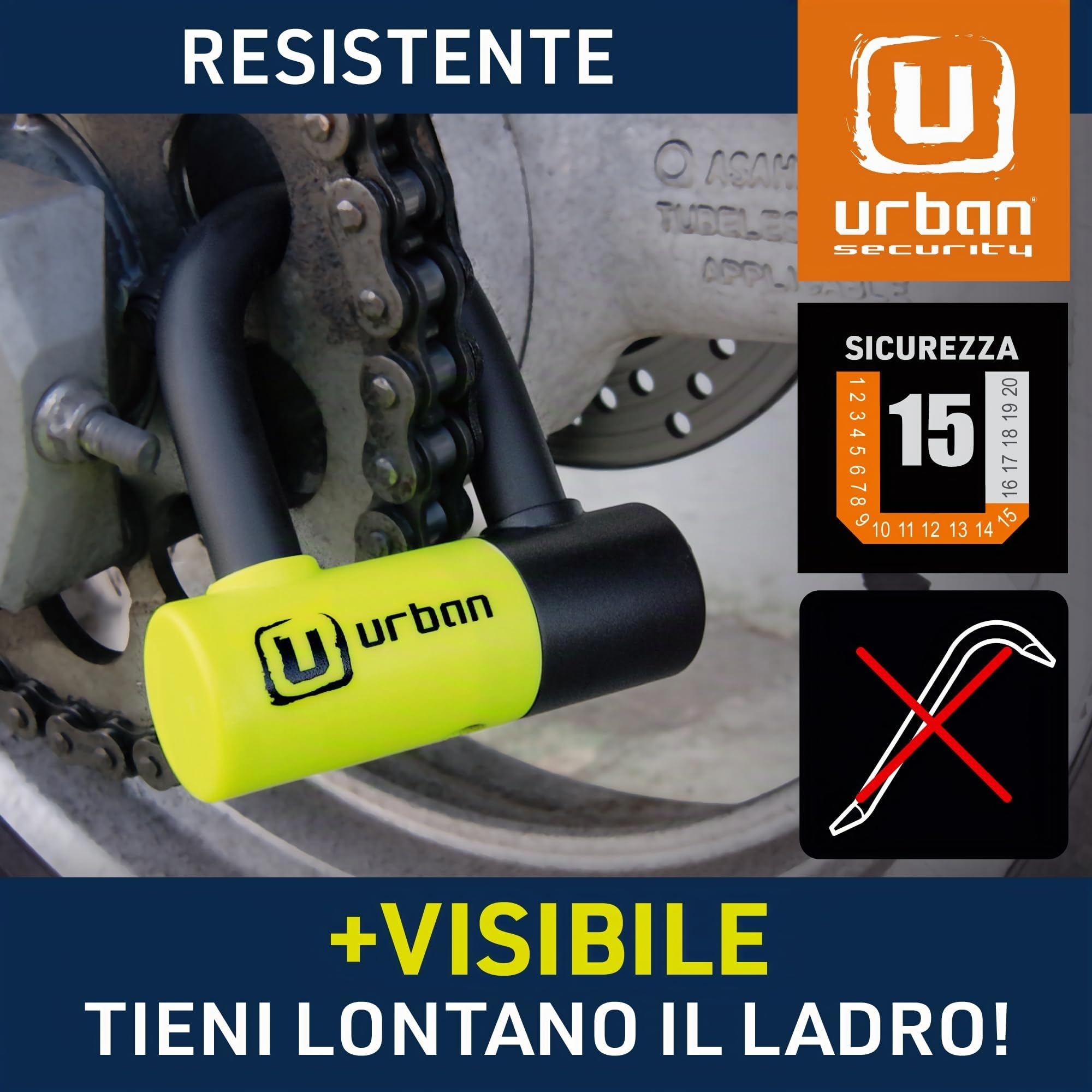 URBAN UR59120 - Lucchetto antifurto mini U con catena con fiocco da 120 cm, doppia funzione più sicura per lucchetto moto disco, serratura ad alta sicurezza e doppia chiusura, antifurto universale per