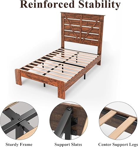 Miniatura 4 de SAMTRA Base de cama matrimonial con cabecero de madera y plataforma de madera, cama rústica con soporte de listones de madera, resistente y sin