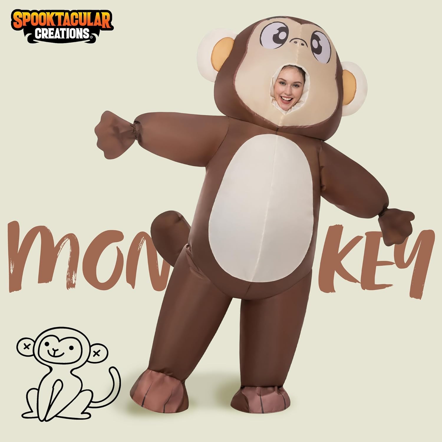 Spooktacular Creations Inflatable Costume for Adult Funny Monkey Costume Full-Body Air Blow Up Suit for Animal Parties - Image 2