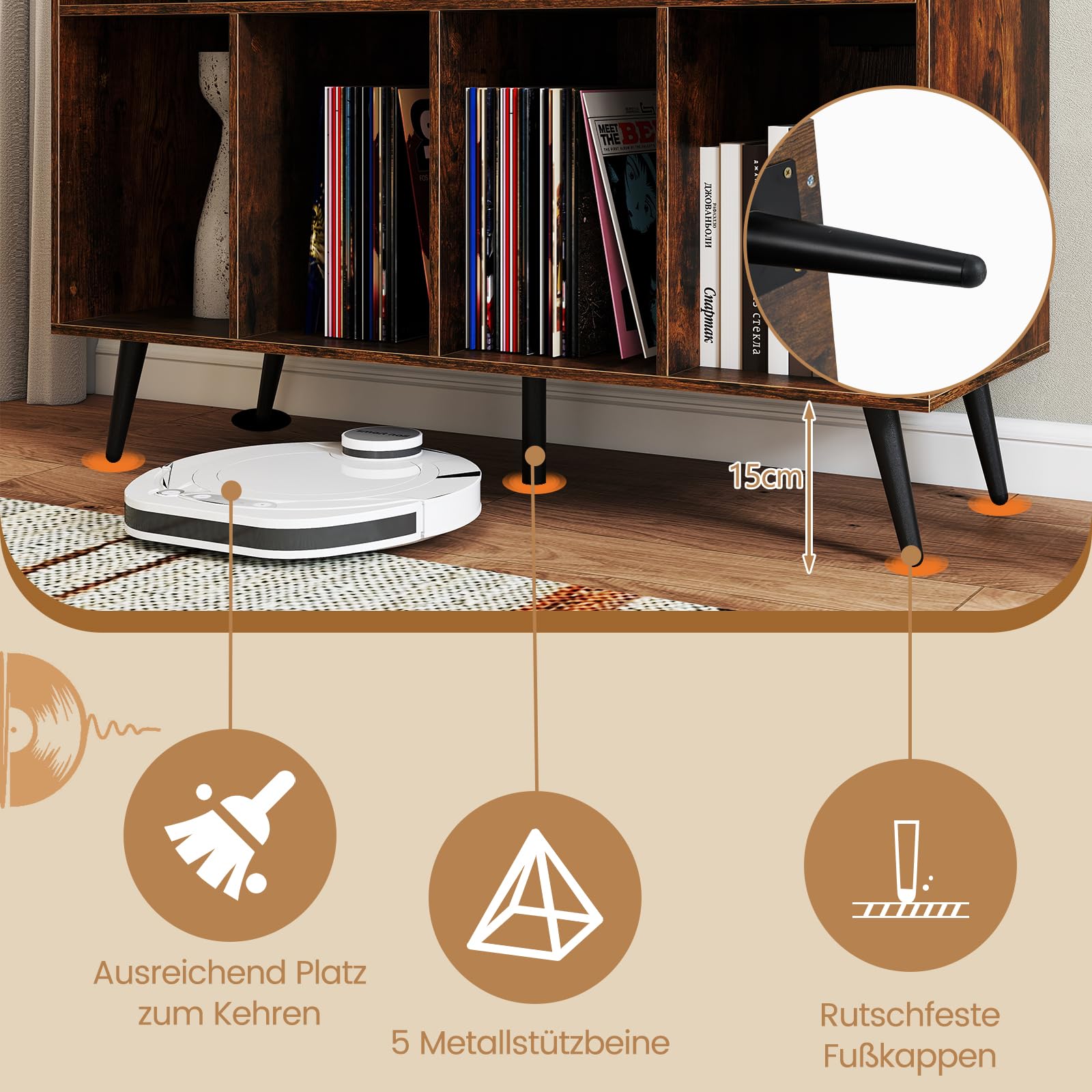 COSTWAY Plattenspielerständer mit Ladestation, Plattenspielerschank mit Vinyl-Aufbewahrungsregalen, Plattenaufbewahrungstisch inkl. 5 Metallbeinen, Sideboard für Wohnzimmer, Musikzimmer (Braun)