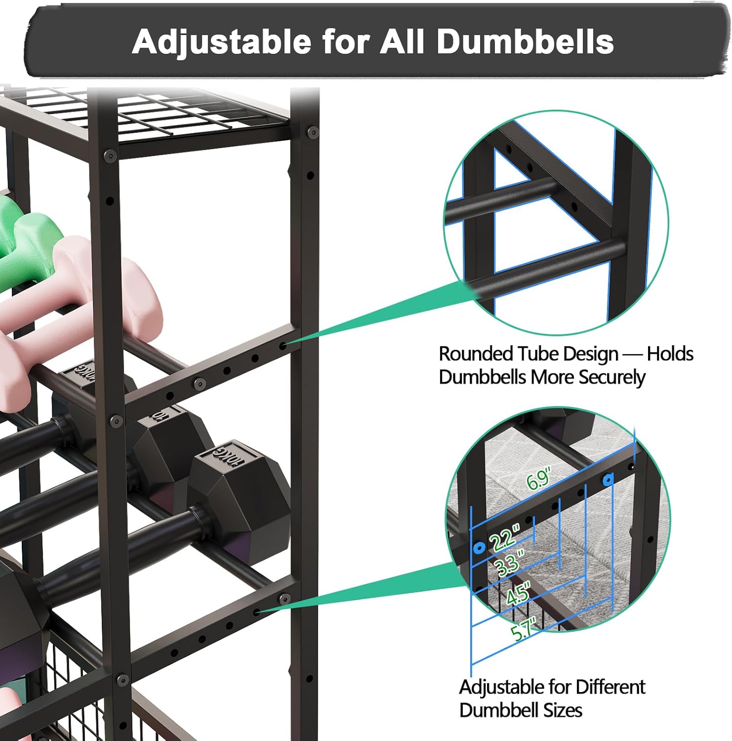 3-Tier Dumbbell Rack Stand Only - Adjustable Weight Rack for Home Gym, Heavy-Duty Weight Stand With Hooks for Dumbbells Kettlebells Foam Roller Yoga Mats Workout Equipment Storage Organizer
