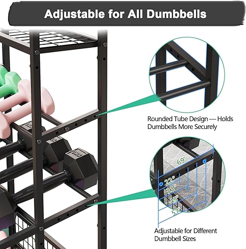 Miniatura 3 de Estante para mancuernas con ruedas y ganchos, estante de almacenamiento ajustable para gimnasio en casa para mancuernas, pesas rusas, tapetes de