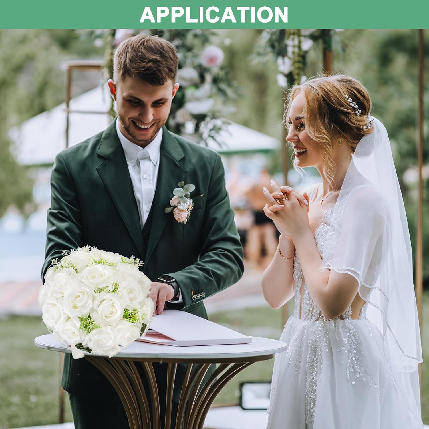 M METERXITY Wedding Bouquets for Bride, Artificial Flower Bouquet for Wedding Bridal Bouquets for Bride/Bridesmaid, Bouquets with Silk Ribbon [White]