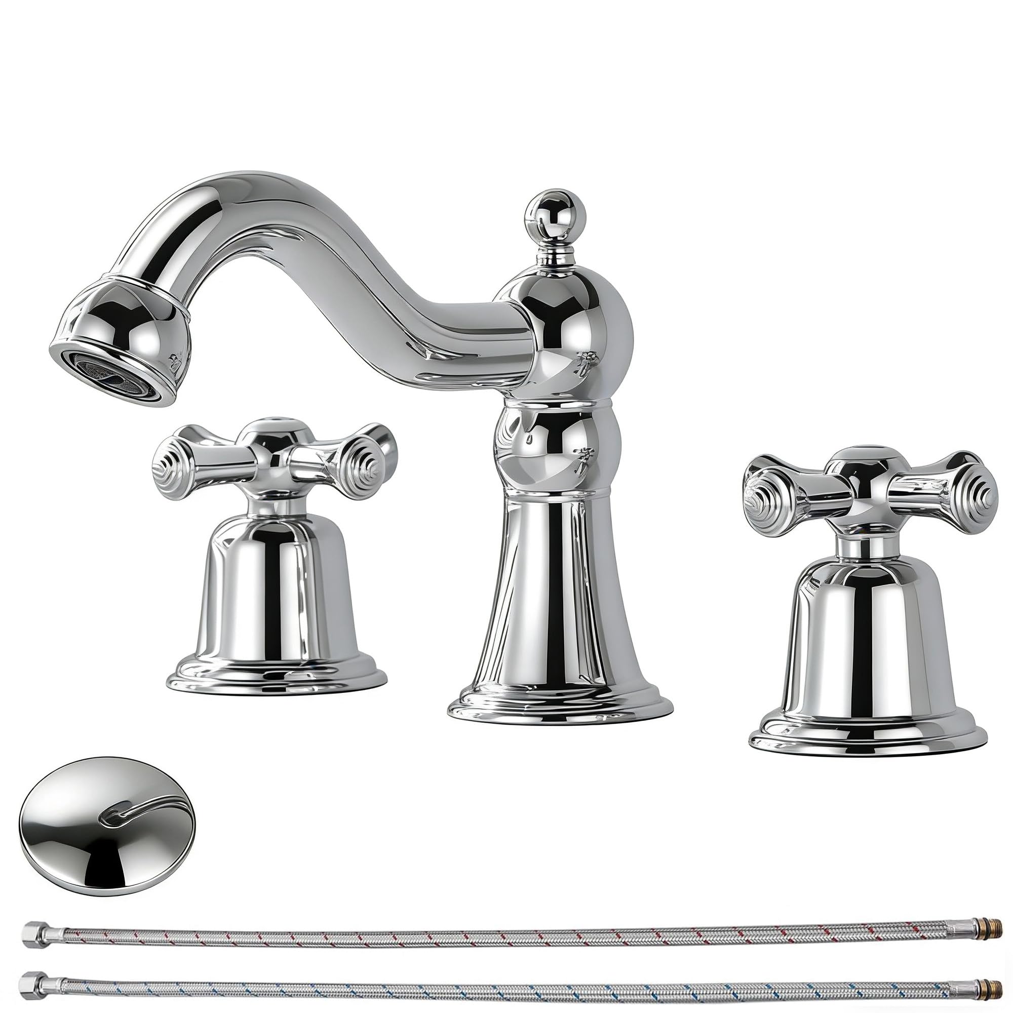 Rkf Chrome Polished Bathroom Faucets For Sink 3 Hole Chrome 8 Inch Widespread Bathroom Sink Faucet With Drain 2 Handles Cross Knobs Faucet Bathroom Vanity Faucet Basin Mixer Tap Cwf033-Cp