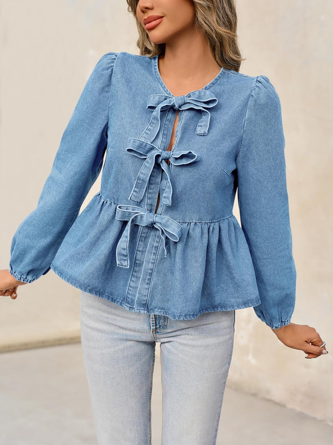 Tankaneo Womens Denim Tie Front Tops Babydoll Peplum Cute Blouse Puff Long Sleeve Going Out Jean Shirts - Image 5