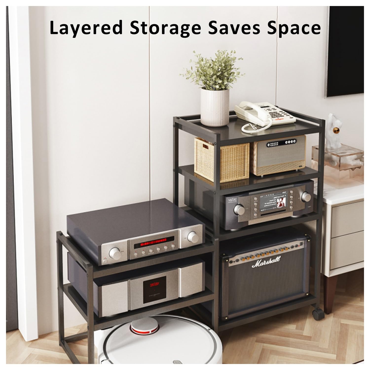3/4 Livelli Armadio Audio HiFi Rack Rack Audio Mobile con Ruote Universali Audio AV Tower Media Stand Mobile Stereo HiFi Rack HiFi Aperto Multifunzione per Soggiorno Ufficio.(50x35.1x88cm)