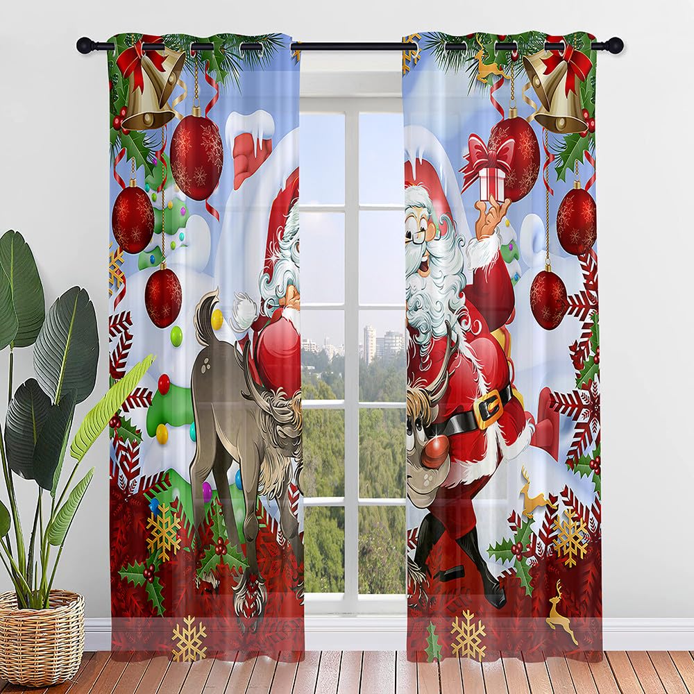 Odot Set of 2 Red Christmas Voile Sheer Curtains for Windows, 3D Santa Claus Pattern Semi Sheer Curtains with Eyelets, Light Filtering Tulle Curtains Drapes Xmas Decoration (55x 96 in,Style C)