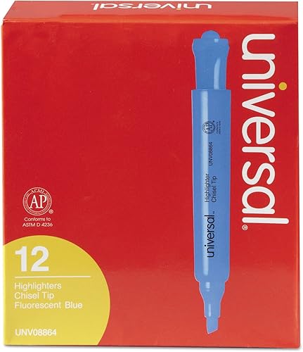 Universal Resaltadores de escritorio, tinta azul fluorescente, punta de cincel, barril azul, docena