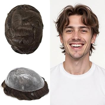 Men Toupee Full Poly Thin Skin Toupee Hair for Men All PU Injection Hair System Synthetic Hair Toupee Men8X10-80% medium light to medium density3# DARK BROWN