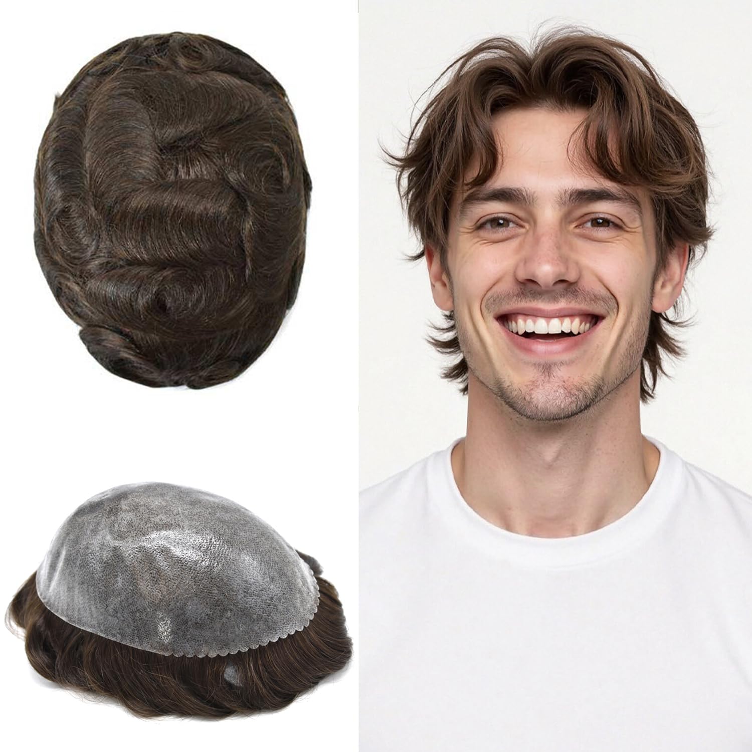 LYRICAL HAIR Toupee for Men All Poly Skin Hairpieces Black Brown Blonde Human Hair System Replacement Natural All Pu Wig (3 Dark Brown)