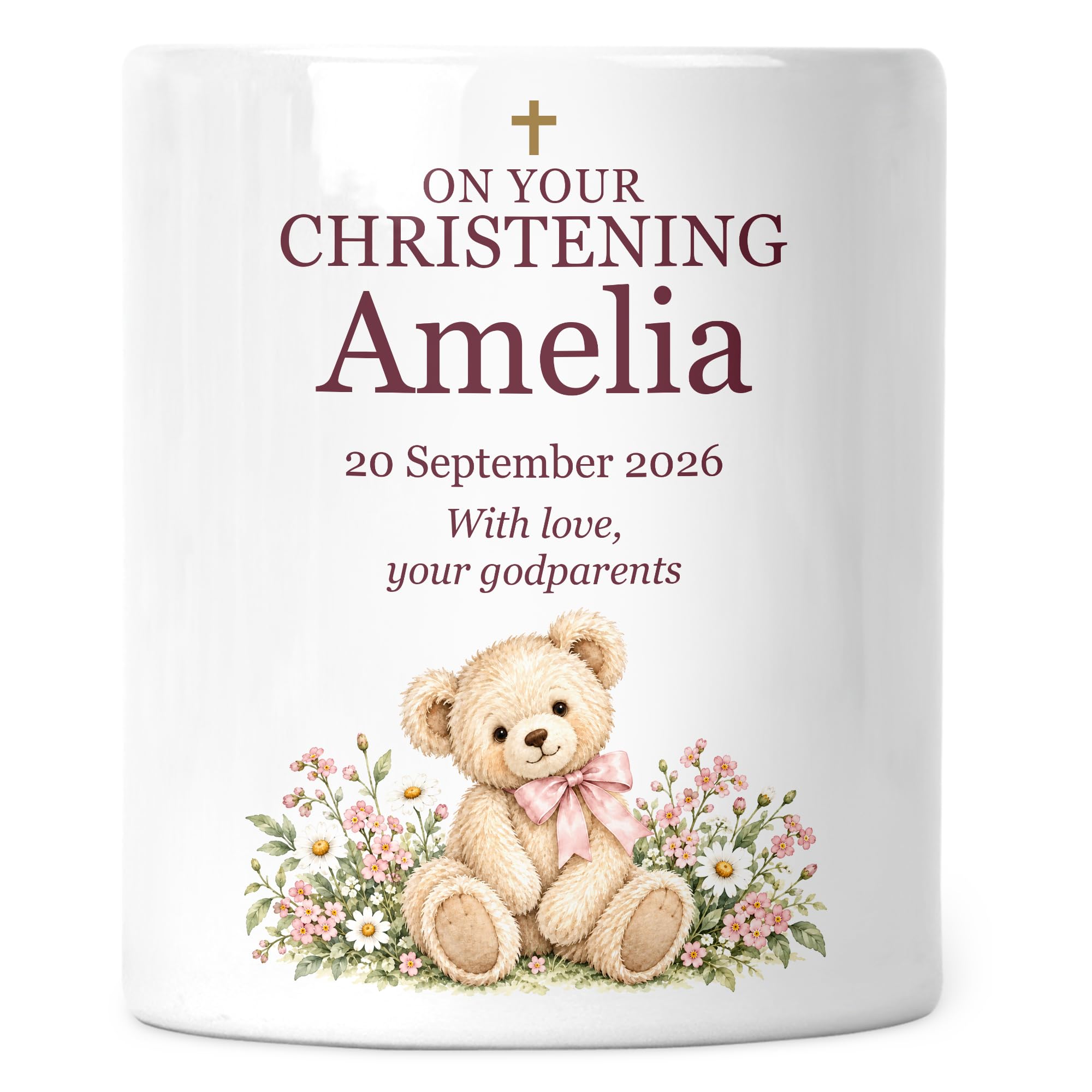 Personalised Christening or Baptism Money Box for Girl - Pink Teddy