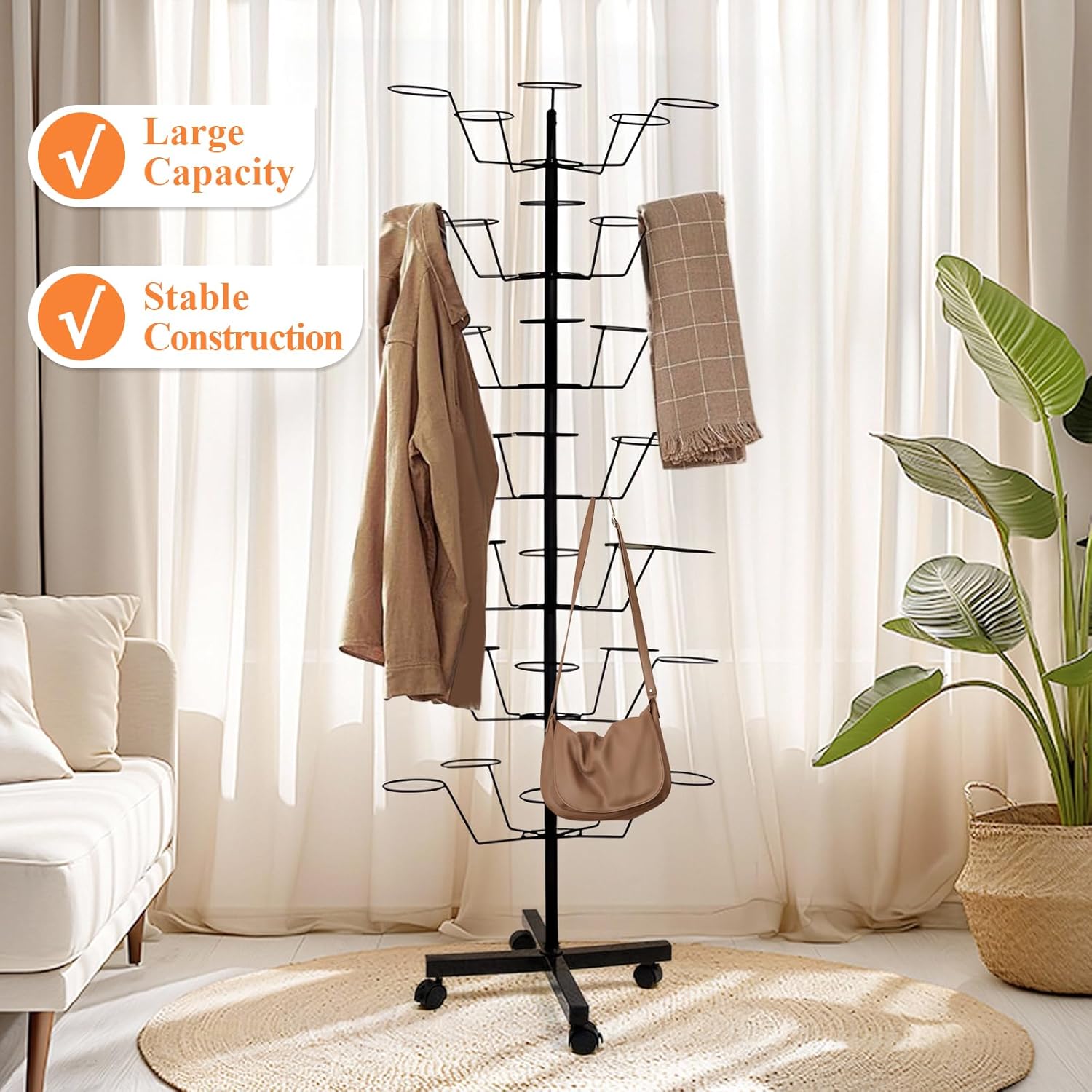 uyoyous 7-Tier Rotating Hat Rack, Freestanding Hat Display Stand with Wheels, Holds 35+ Caps, Heavy-Duty Metal Hat Organizer for Retail Stores & Home Use