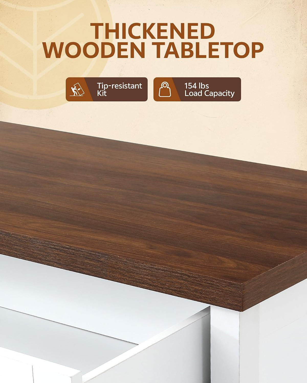 Close-up of the MOASIS shoe rack's thickened wooden tabletop, highlighting the tip-resistant kit and 154 lbs load capacity icons.