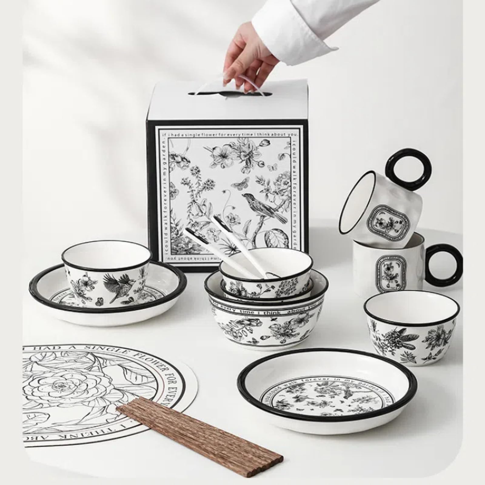 Amazon.co.jp: 1人食セット 白黒花柄 食器セット 碗 お皿セット ひとり