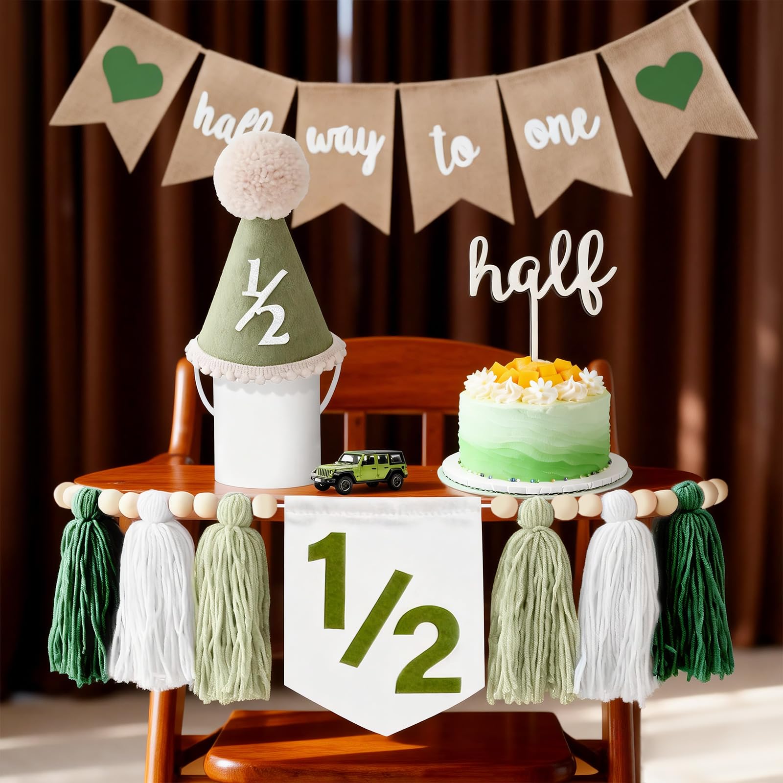 Photo 1 of 1/2 Birthday Boy Decorations, Half Way to One Photoshoot Prop Decor Set with Pre-Assembled Wood Bead Tassel Banner, Hat & Cake Topper, Fits Most High Chairs, 6 Month Birthday Baby Boy (Pink1)