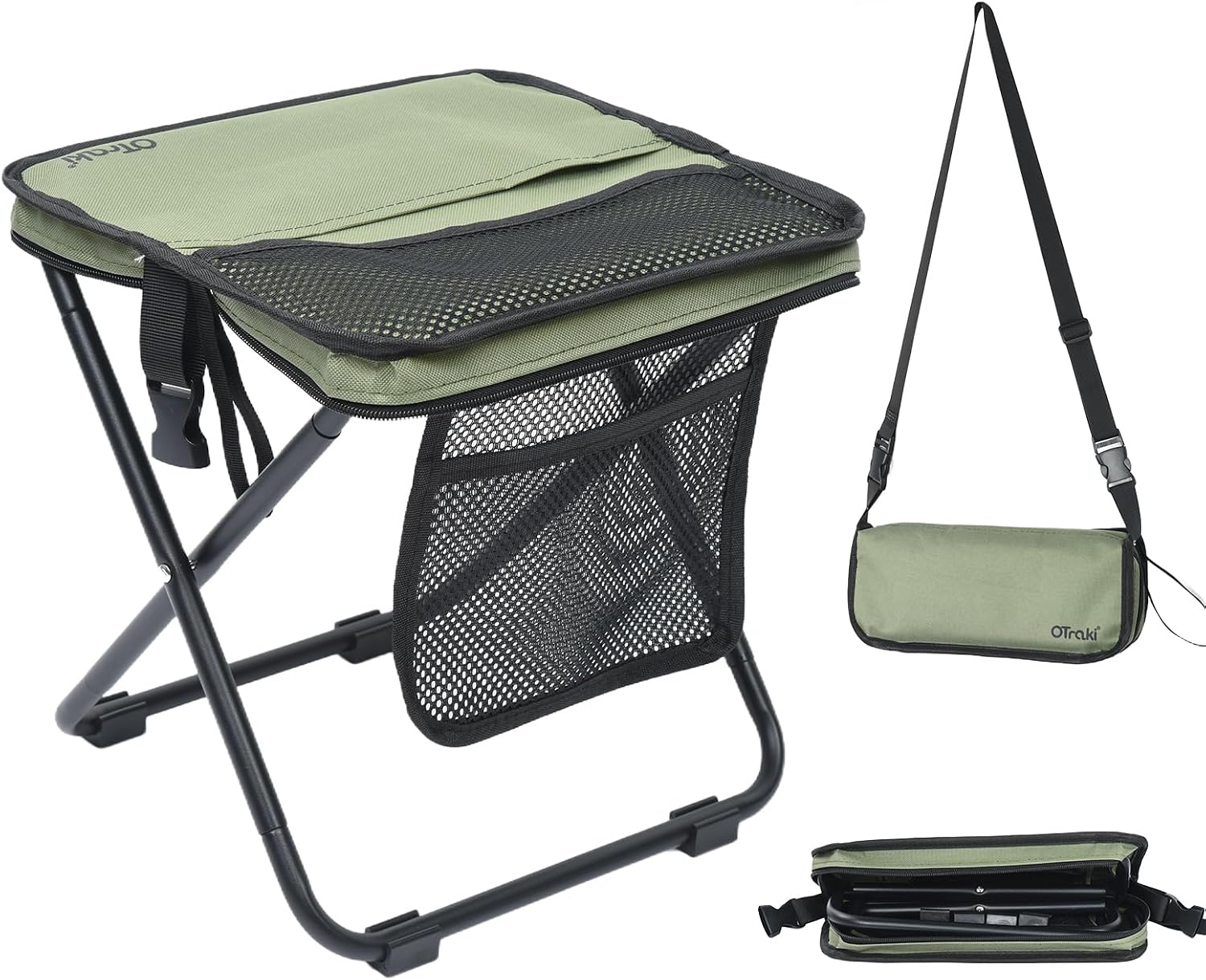 OTraki Portable Folding Stool, Camping Stool with Storage Bag, Foldable Backpack Stool, Load Capacity 120 kg, Outdoor Folding Chair for Mountaineering, Fishing, Travel, Hiking, Barbecuing (Green)