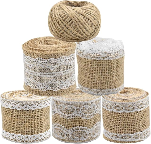 HQdeal 5 Pack 2 Meter Burlap Jute Ribbon with White Lace, Natural Hessian Ribbons Roll with Lace Trim and 1 Pack 30 Meter Jute Twine for Wedding Christmas Party Crafts Gifts Wrapping Decorations