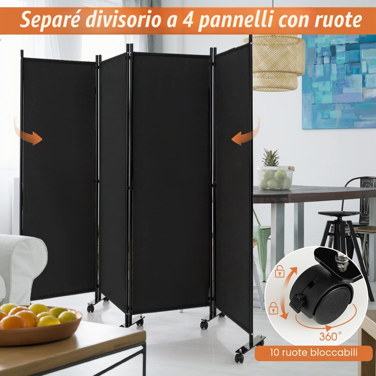 GIANTEX Divisorio Paravento in Ferro con Ruote | Privacy per Camera da Letto e Ufficio，224 x 172 cm，4 Pezzi，2 Colori