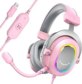 FIFINE Fone de ouvido para jogos de PC, fone de ouvido com fio USB com microfone, som surround 7.1, controle em linha, sobre a orelha RGB para computador de streaming para PS5 -H6 rosa