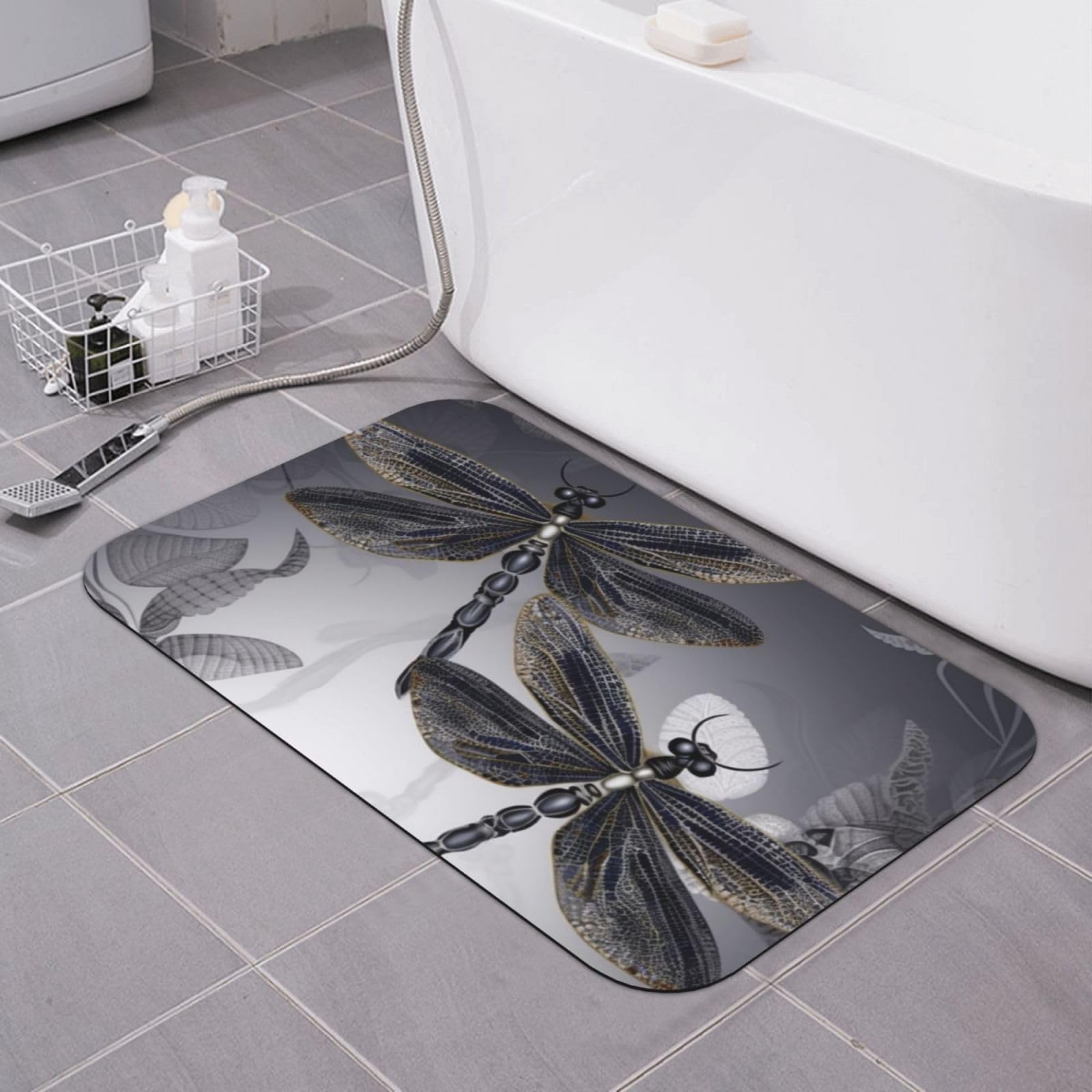 Tapis de bain antidérapant haut de gamme motif libellule gris