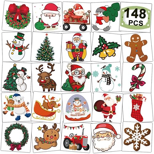 Tatuajes temporales de Navidad para niños, 148 tatuajes individuales para niños, recuerdos de fiesta de Navidad, relleno de calcetines