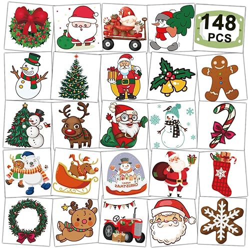 Tatuajes temporales de Navidad para niños, 148 tatuajes individuales de Navidad para niños, regalos de fiesta de Navidad, relleno de calcetines,