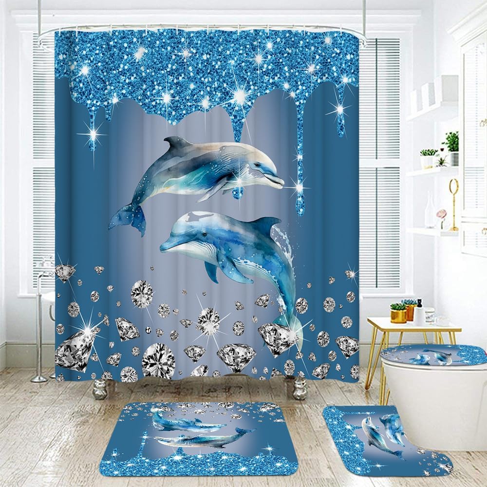 4PCS Diamond Dolphin Shower Curtain Bathroom Set with Rugs, Toilet Lid Cover and Bath Mat, Blue Shower Curtain with 12 Hooks for Bathroom Decor Set