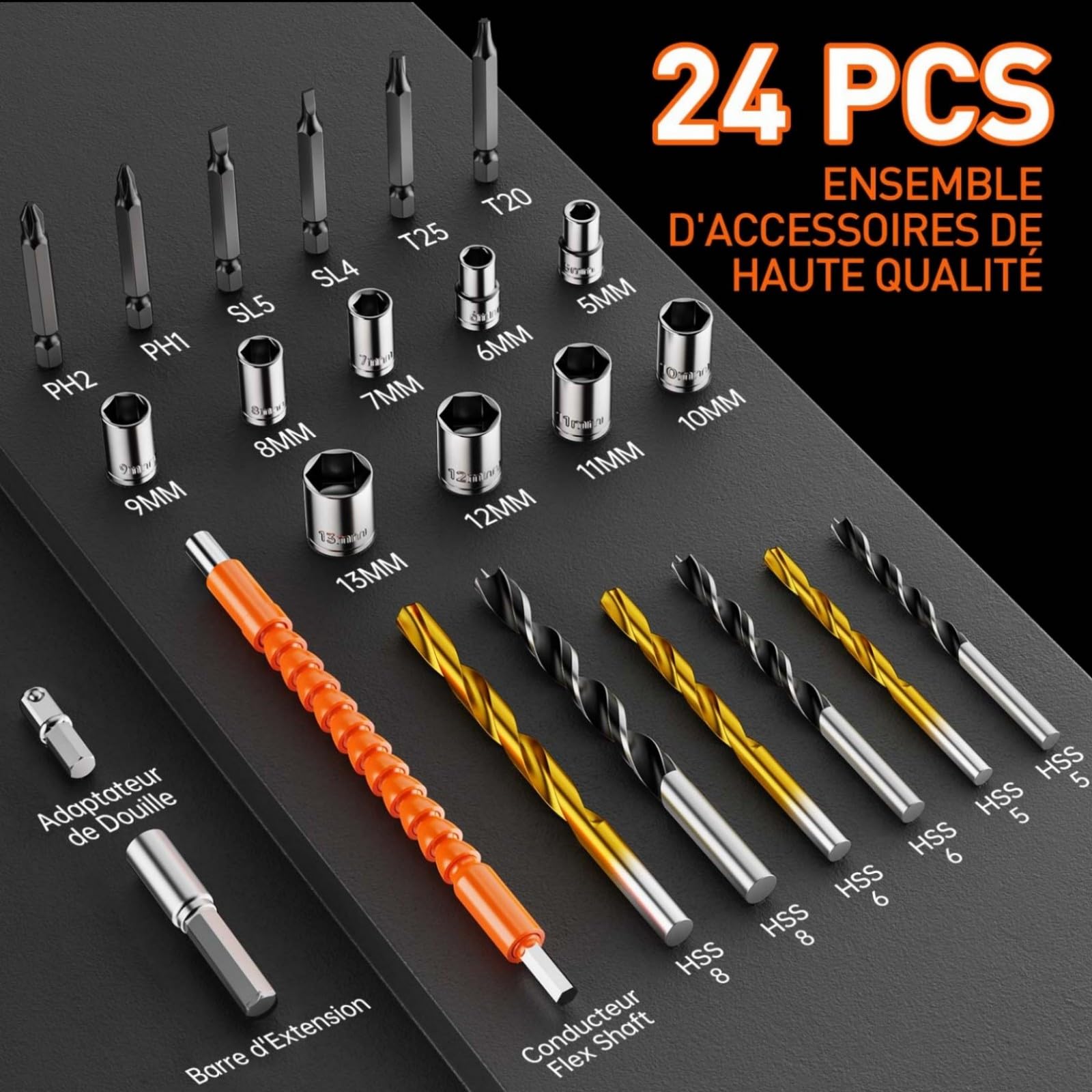 Perceuse Visseuse Sans Fil 20V, Visseuse Devisseuse Sans Fil avec 2 Batteries 2.0Ah, 42Nm, 25+1 Réglages de Couple, 2 Vitesses, LED, 24 Accessoires et Valise, pour la Bricolage