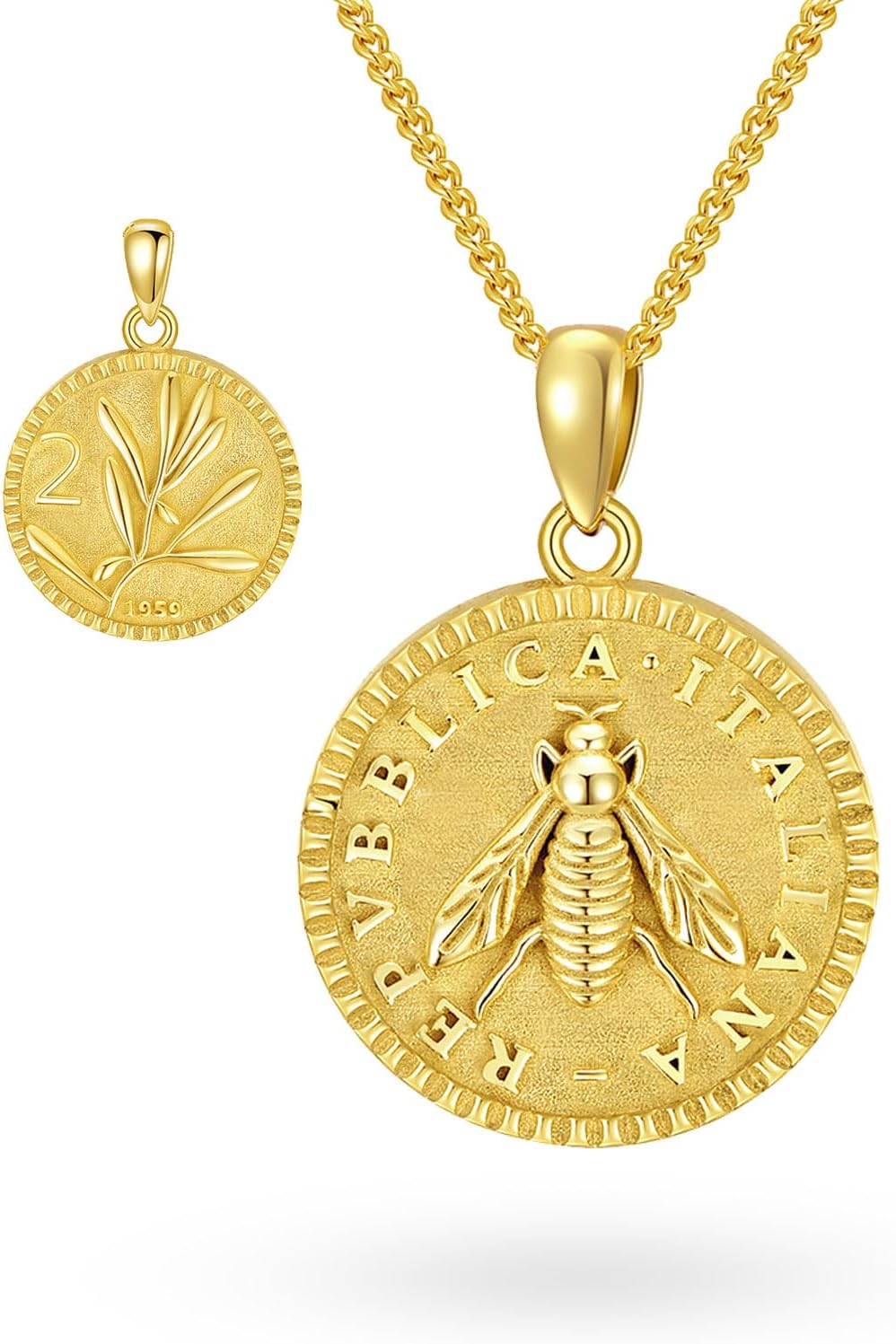 925 Sterling Silver 2 Lira Italian Bee Coin Necklace for Women Lire Pendant Birthday Anniversary Jewelry for Her Wife Mom Grandma