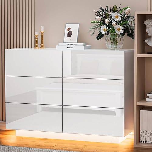 Miniatura 7 de Anbuy Cómoda doble LED blanca con 6 cajones, cómoda moderna con cajones de alto brillo, doble cómoda, cómoda negra para dormitorio (blanco)