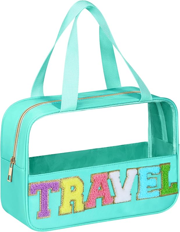 Necessaire transparente BuyCard Travel-BG com aplicação de letras em chenille, alça e zíper, PVC e nylon, verde-azulada