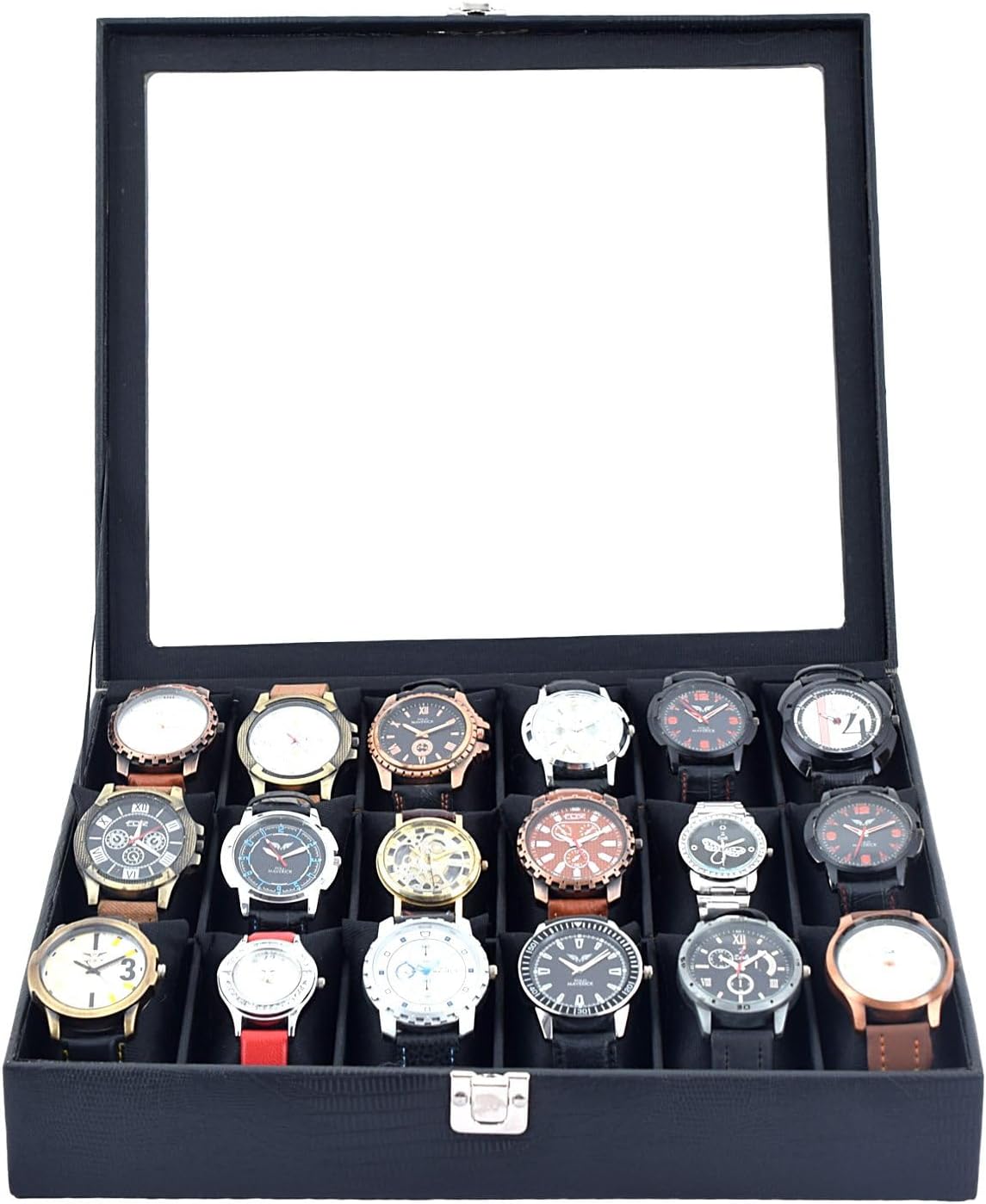 The Runner Pu Leather Black Croc Finish Transparent Watch Box For 18 Watches